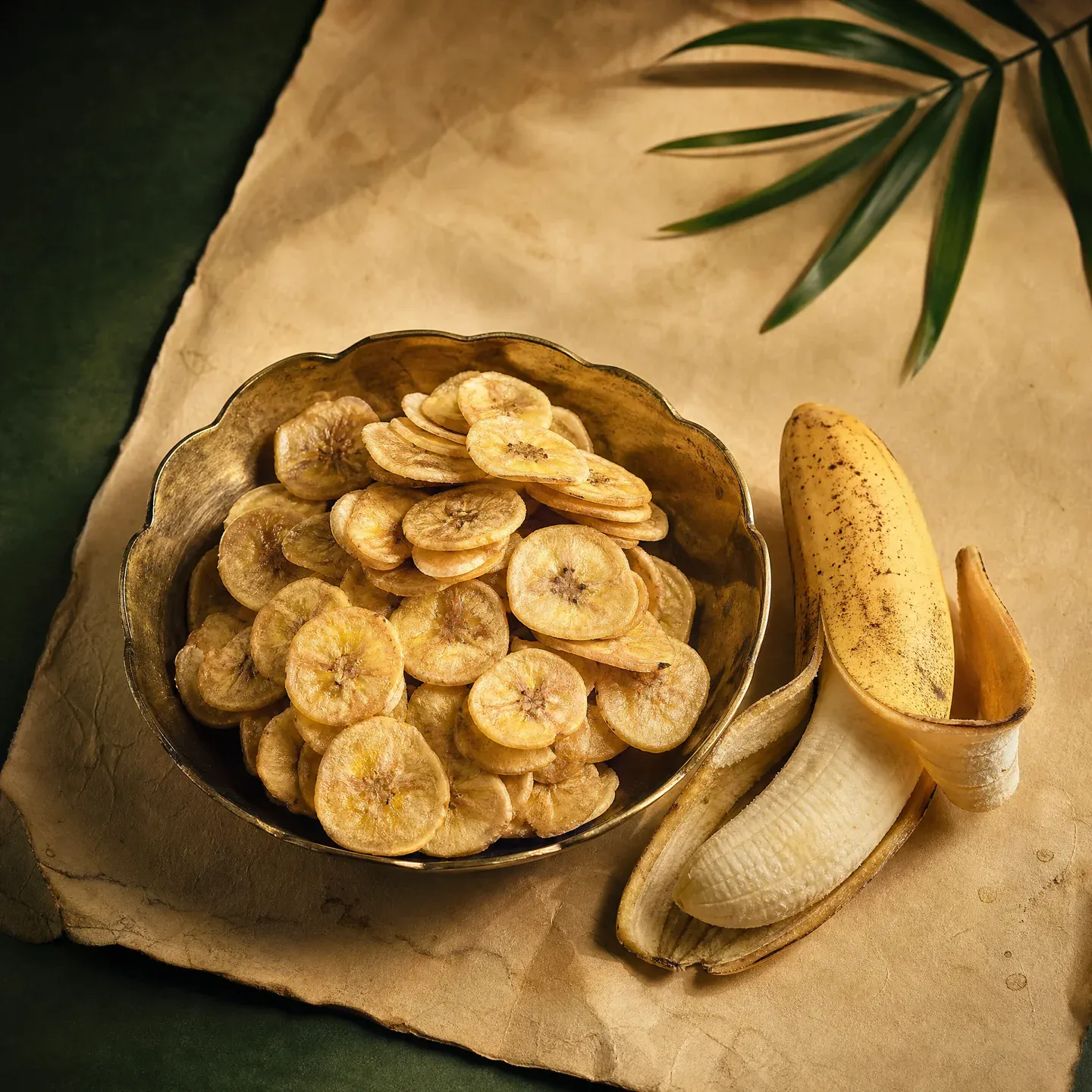 Naturally dried banana chips in an antique-gold bowl