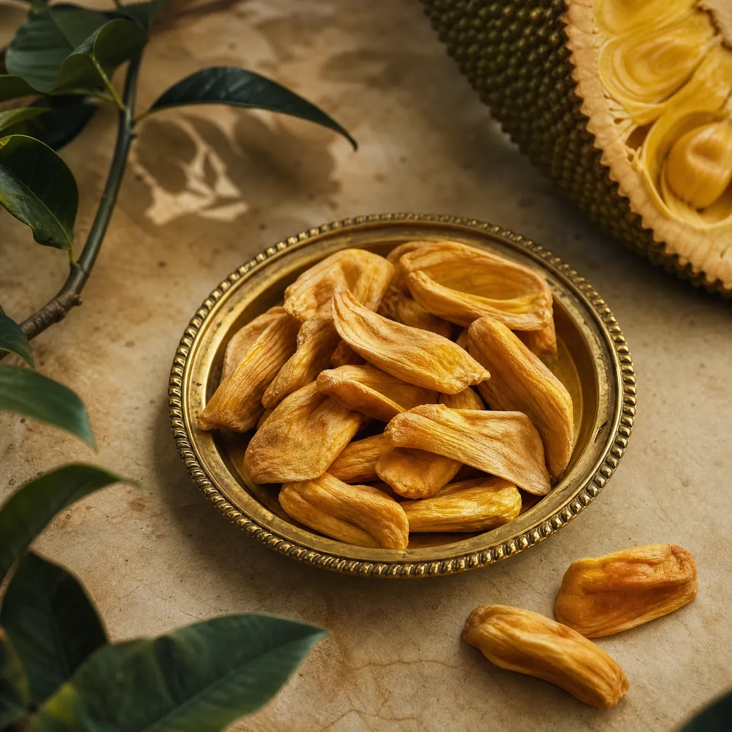 Dried jackfruit pieces in a gold tray