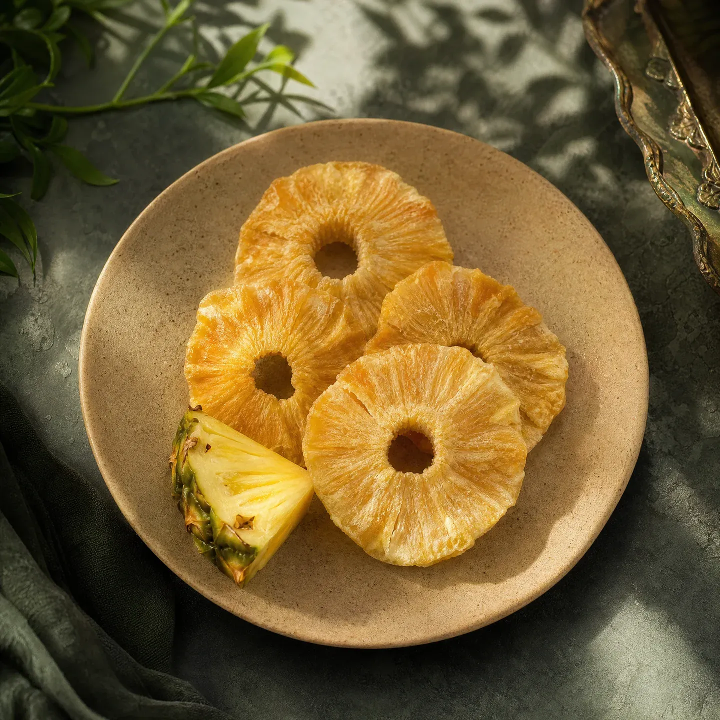 Golden dried pineapple rings on a handmade plate
