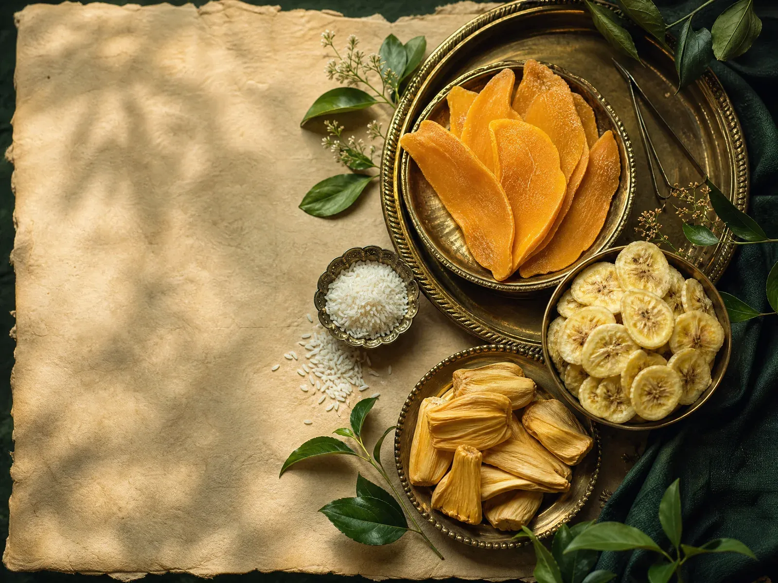 A curated still life of dried fruit and rice grains on warm parchment
