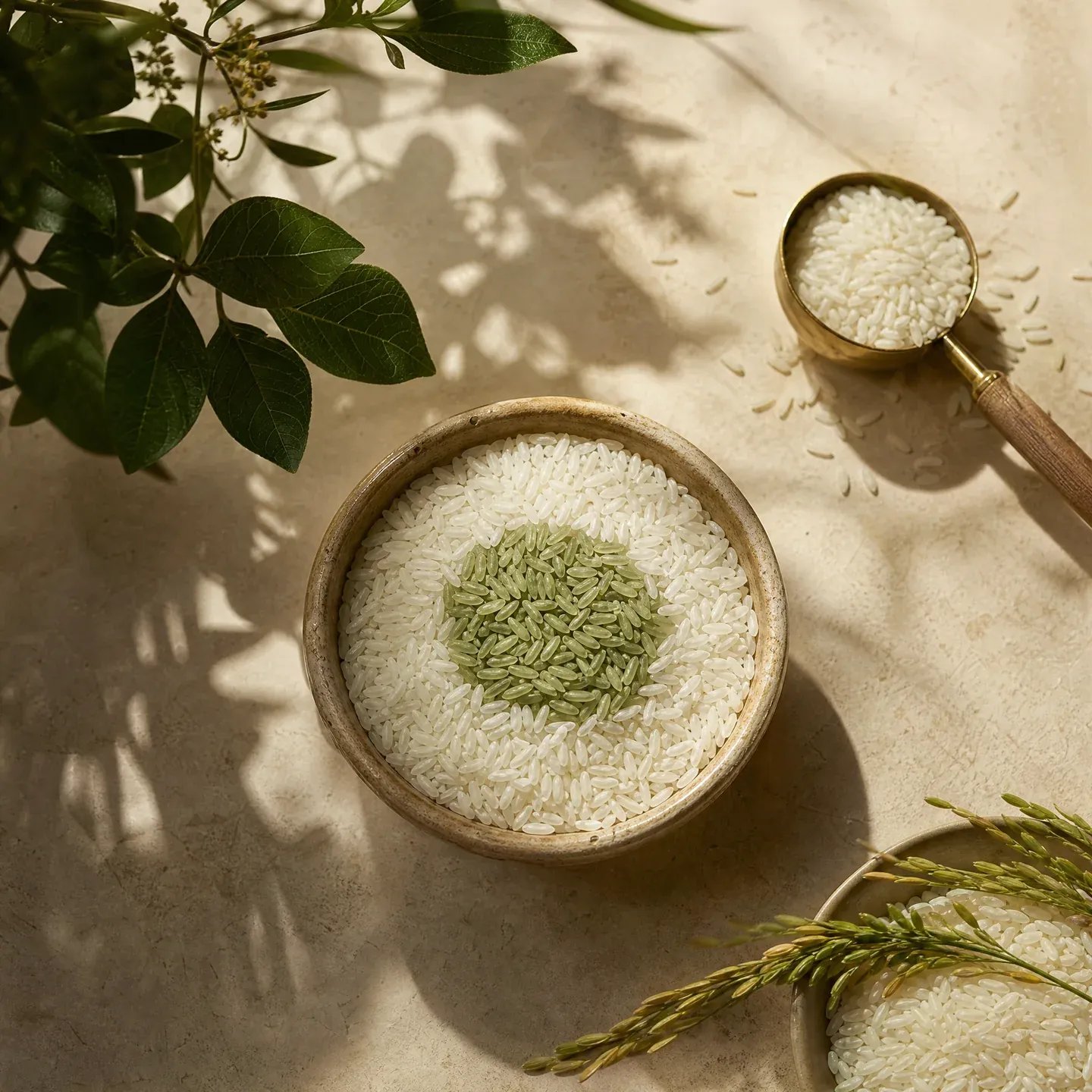 Rice grains with a muted green accent in a handmade bowl