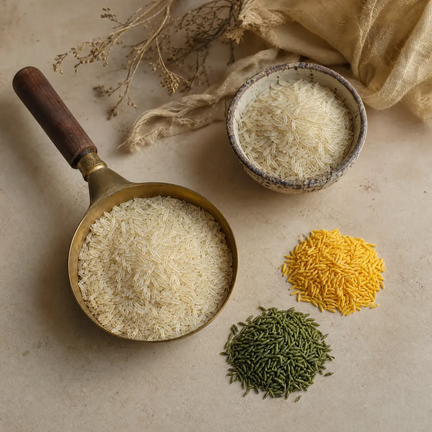 Rice grains arranged in a gold measuring scoop